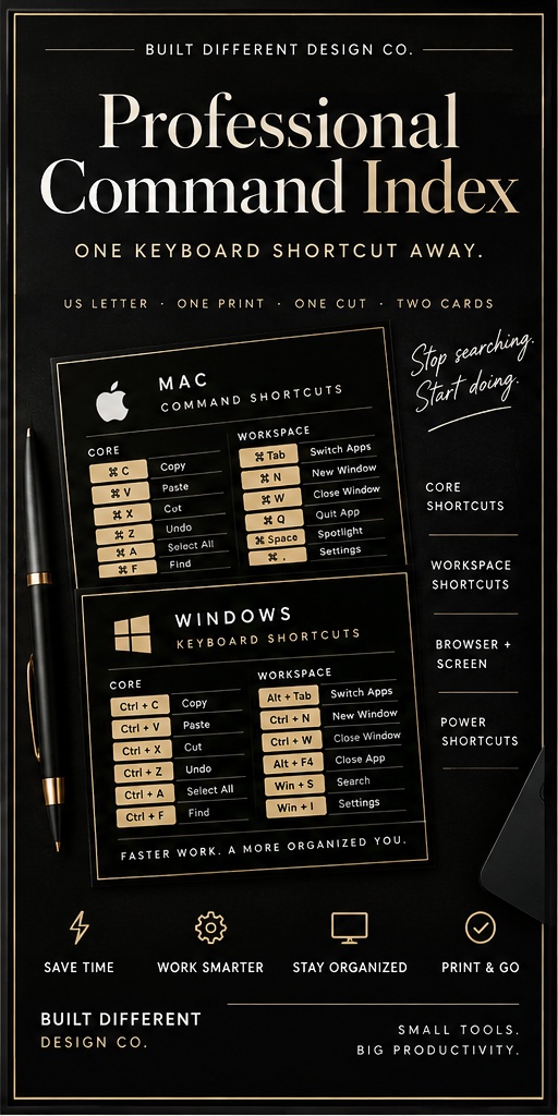 Professional Command Index storefront graphic showing Mac and Windows shortcut cards