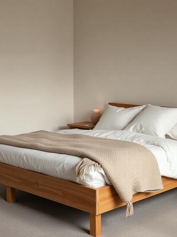 Low bed dressed in washed linen beside a warm bedside lamp