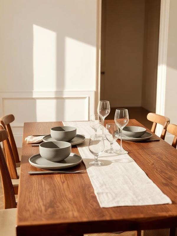 Solid timber dining table set with stoneware and linen