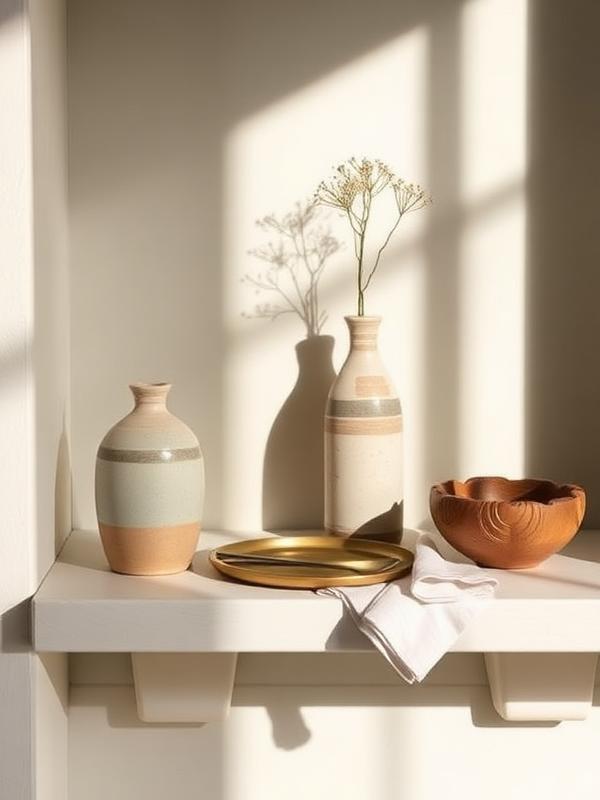 Handmade ceramic vessels and small objects on a shelf