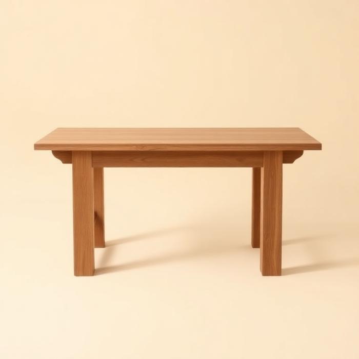 Oak dining table photographed against a plaster wall
