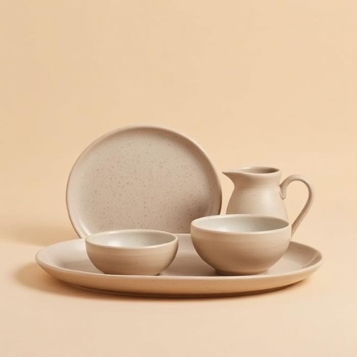 Stacked stoneware serving bowls and plates