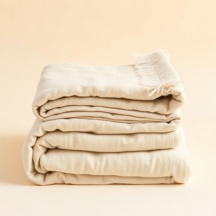 Folded washed linen throw with a soft fringe