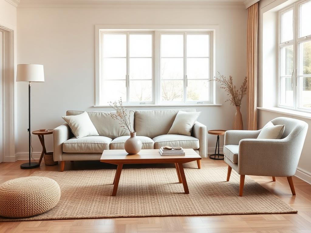 Styled interior scene with sofa, side table and ceramics, used to demonstrate shoppable hotspots