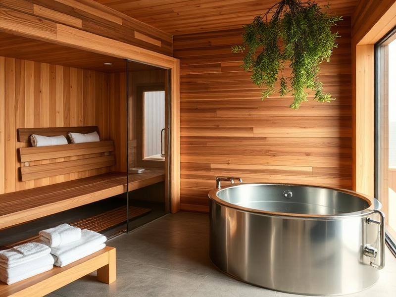 Cedar sauna beside a stainless cold plunge in a recovery suite