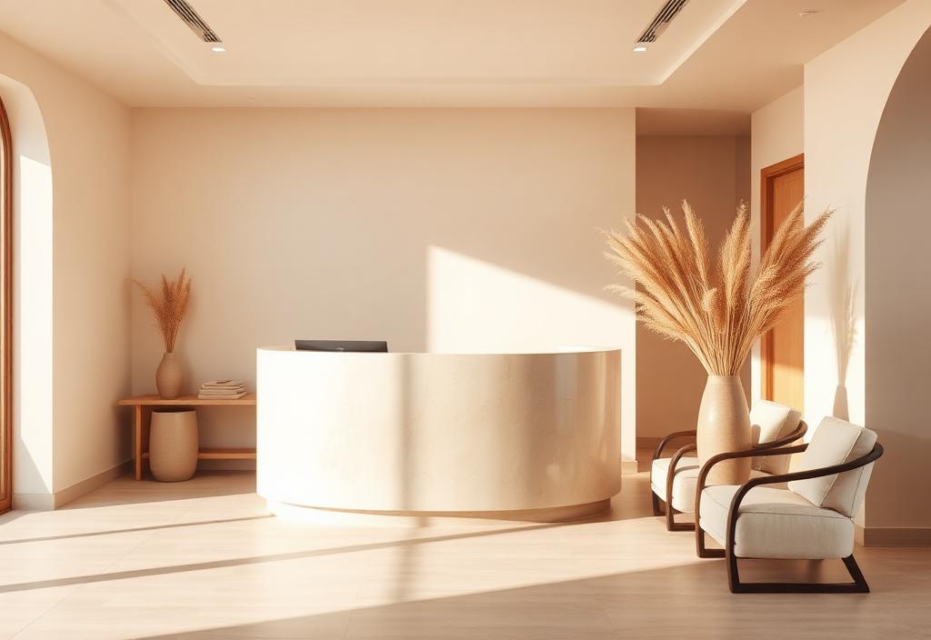 Calm studio reception with curved plaster desk and dried grasses