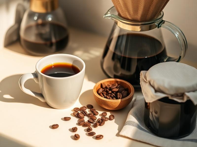 Espresso cup, pour-over carafe and coffee beans on a counter