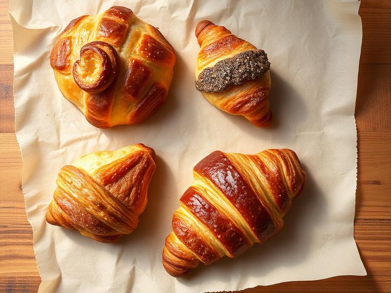 Golden croissants and morning pastries on parchment