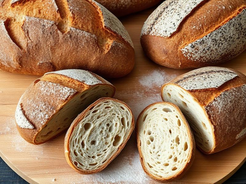 Scored sourdough loaves and a sliced open crumb