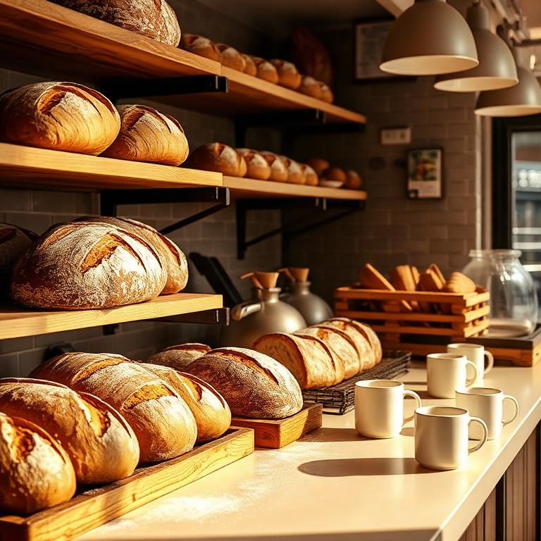 Bakery counter with sourdough loaves on wooden shelves