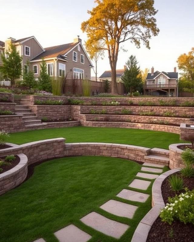 Sloped rear yard after: Terraced stone seating and lawn