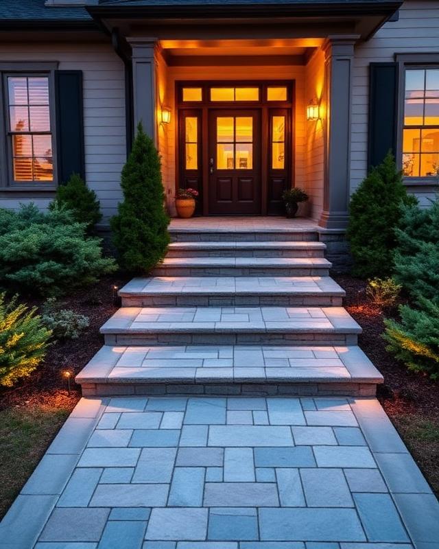 Front entry after: Cut-stone approach and lighting