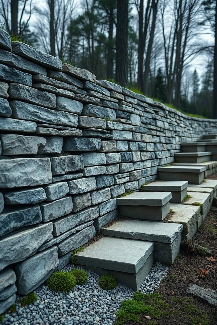 Dry-stacked stone retaining wall with cut stone steps