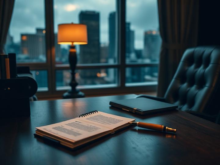 Desk detail with a notebook, fountain pen and reading glasses